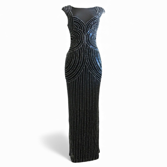 Parker Black Fully Beaded Art Deco Evening Gown Mesh Illusion Maxi Dress Size 4 - Picture 3 of 14